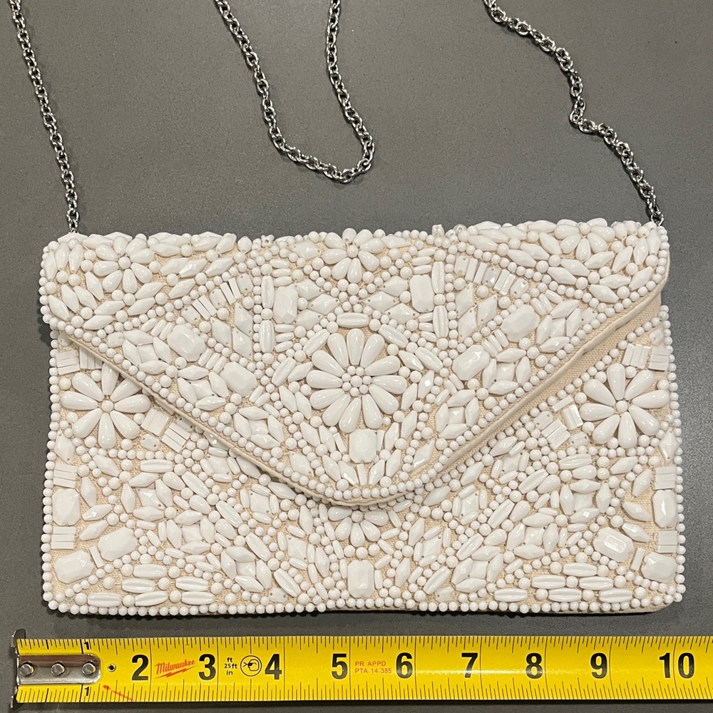 Elegant White Beaded Clutch with Chain Strap 100% cotton lining